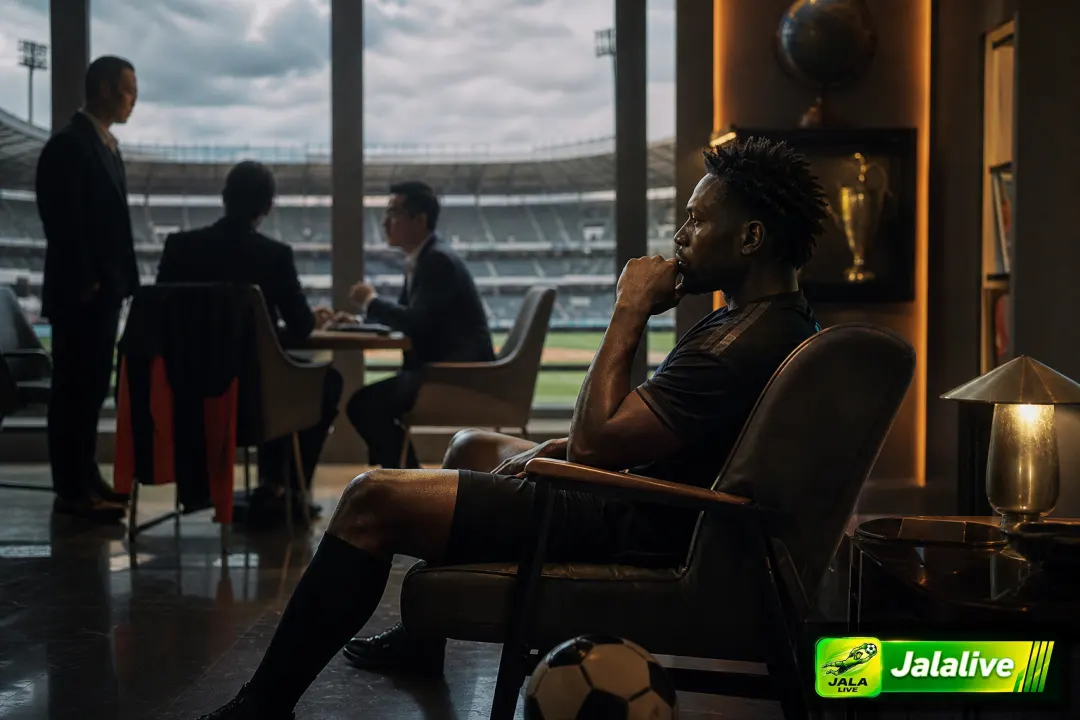 Ilustrasi editorial pemain sepak bola pria Afrika dalam suasana bursa transfer