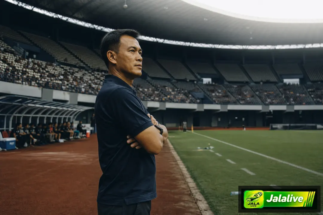 Ilustrasi editorial pelatih sepak bola menghadapi tantangan di stadion
