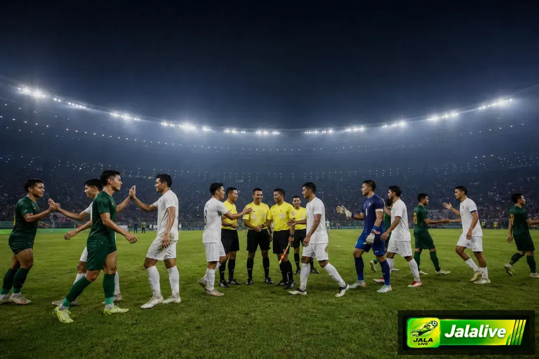 Suasana pertandingan sepak bola di Indonesia dengan pemain dan wasit di lapangan