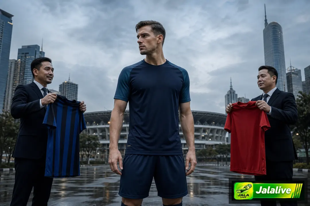 Ilustrasi editorial persaingan transfer Cody Gakpo antara Tottenham dan Manchester City