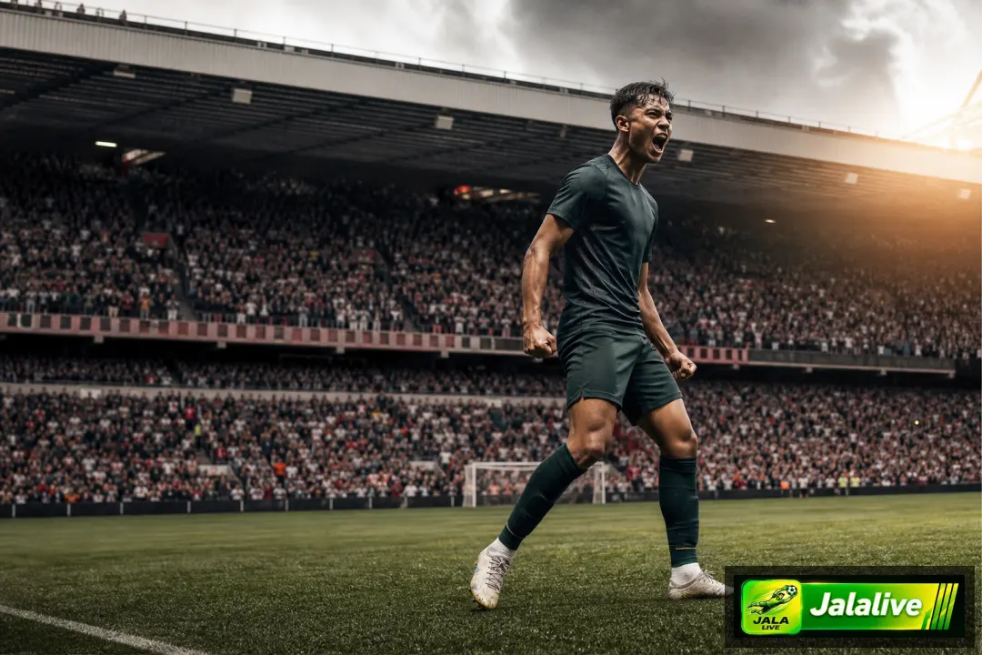 Ilustrasi editorial penyerang sepak bola di stadion dengan suasana tegang
