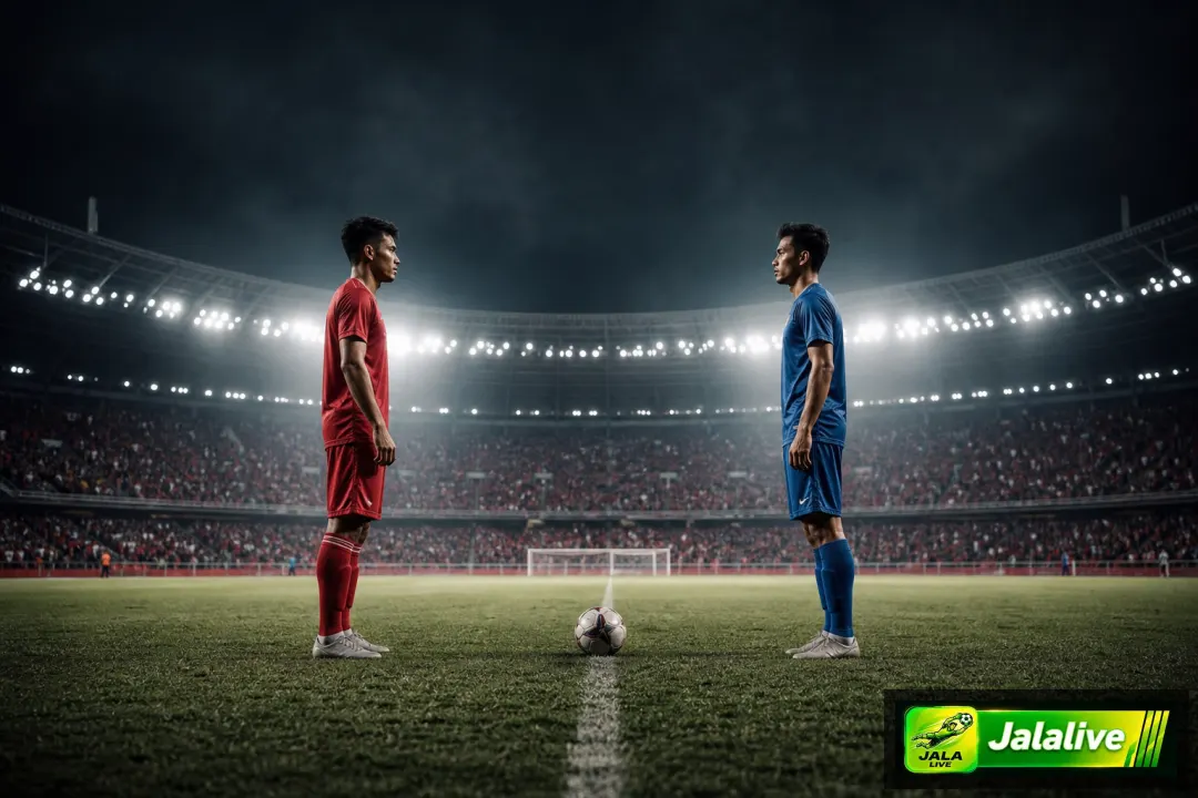 Ilustrasi editorial pertandingan Thailand vs Singapura di stadion malam hari