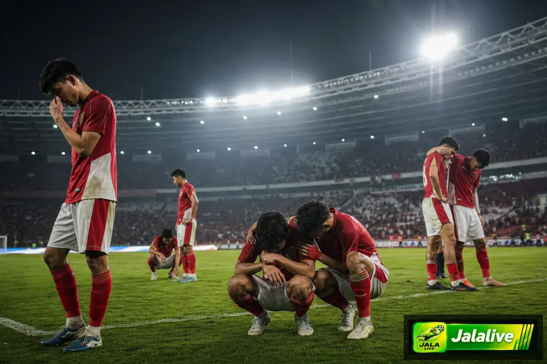 Ilustrasi editorial pemain Timnas Indonesia kecewa setelah gagal di Piala AFF 2026