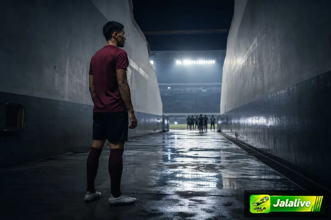 Ilustrasi editorial seorang bek sepak bola profesional bersiap jelang pertandingan malam