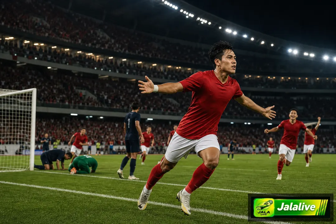 Ilustrasi editorial pesepak bola merayakan gol penentu dalam laga Eropa malam hari