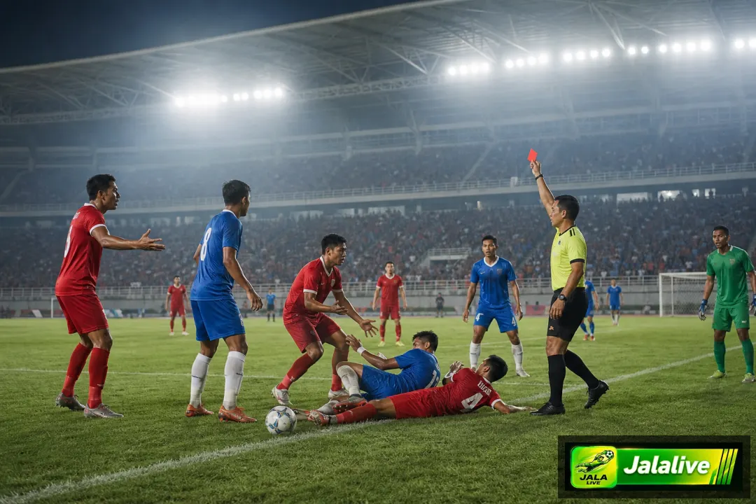 Ilustrasi editorial laga sepak bola dengan kartu merah dan penalti di stadion