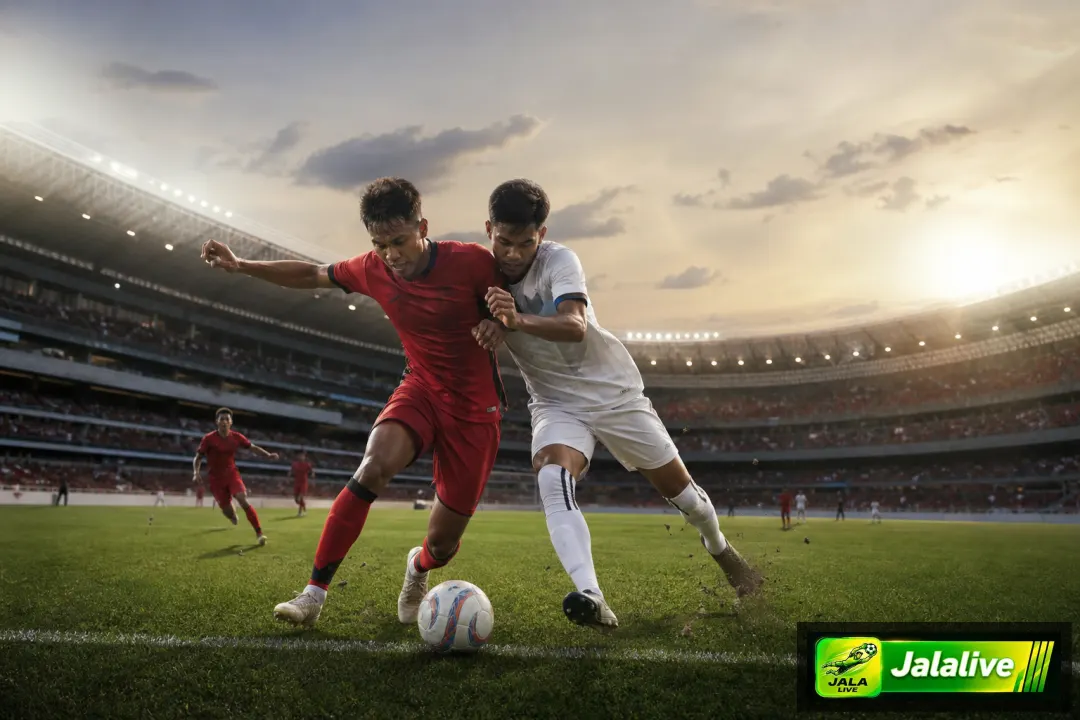 Ilustrasi editorial pertandingan sepak bola Liga 1 antara dua tim di stadion modern