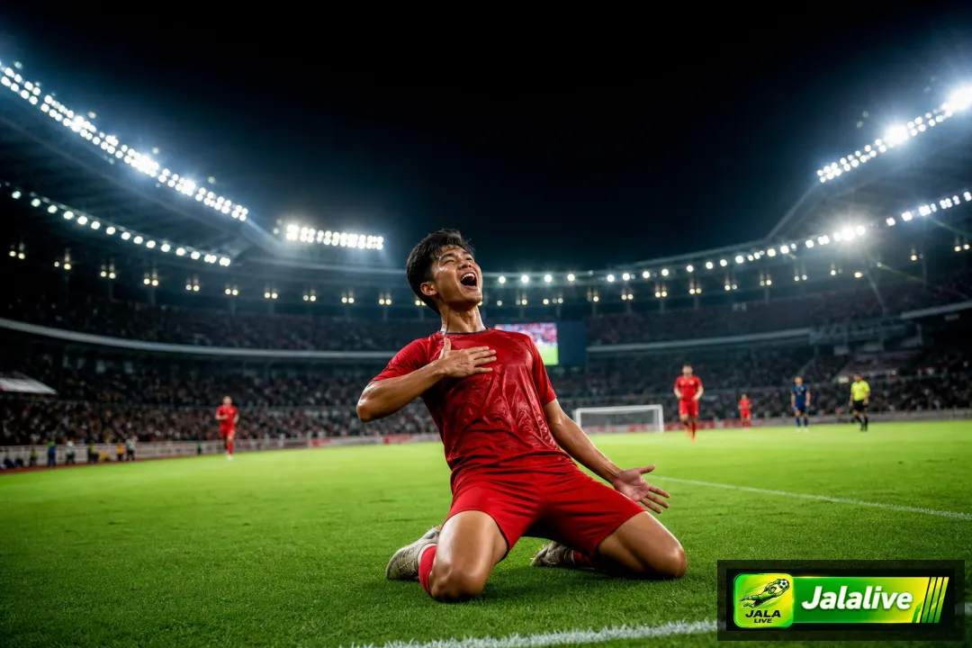 Ilustrasi editorial pemain sepak bola merayakan gol di stadion