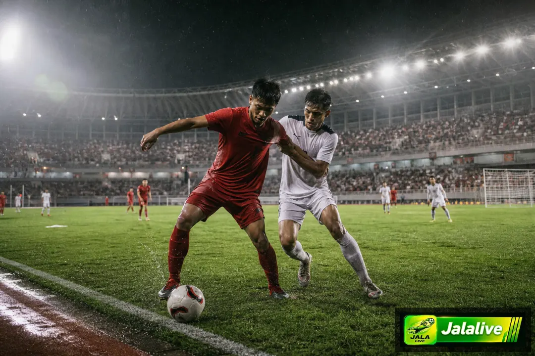 Ilustrasi editorial pertandingan sepak bola di stadion Eropa pada malam hari