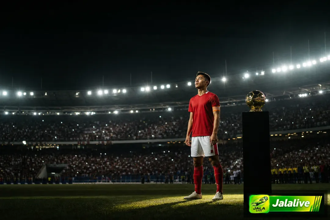 Ilustrasi editorial pesepak bola pria profesional di bawah sorotan lampu stadion
