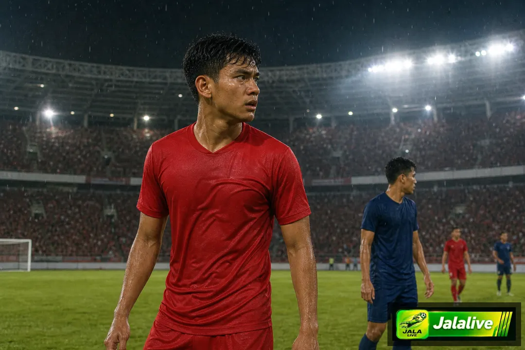 Ilustrasi editorial pertandingan Indonesia vs Malaysia dengan suasana stadion malam