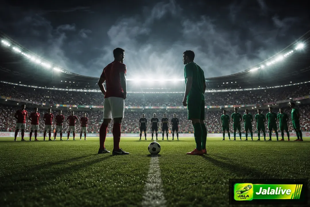 Ilustrasi editorial laga Indonesia vs Bangladesh di stadion malam hari