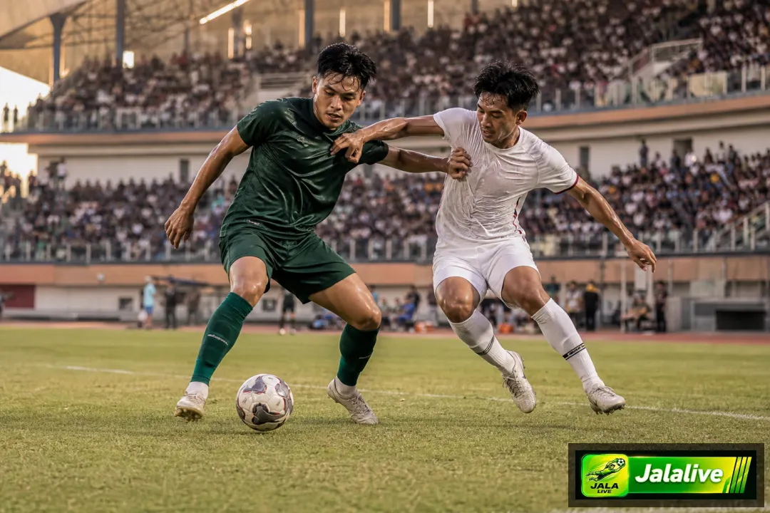 Ilustrasi editorial pertandingan sepak bola Liga 1 antara dua tim di lapangan stadion