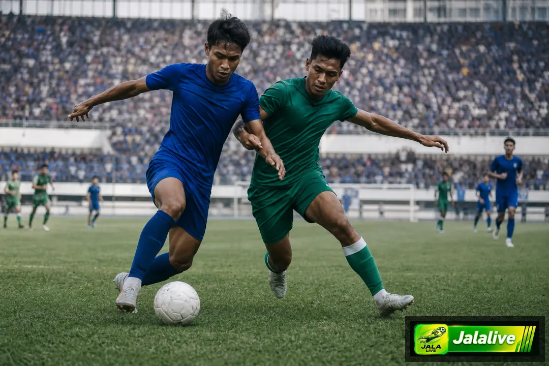 Ilustrasi editorial pertandingan sepak bola Liga 1 antara dua tim profesional di stadion