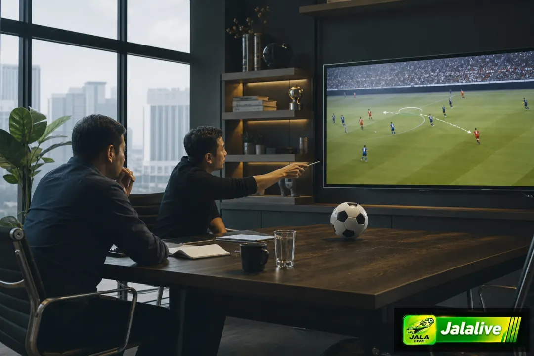 Ilustrasi editorial sepak bola internasional dengan dua pria dewasa menatap layar pertandingan.