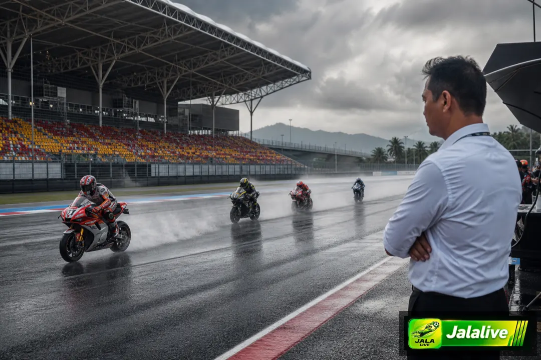 Ilustrasi editorial hasil balapan MotoGP dengan empat pembalap dan suasana paddock