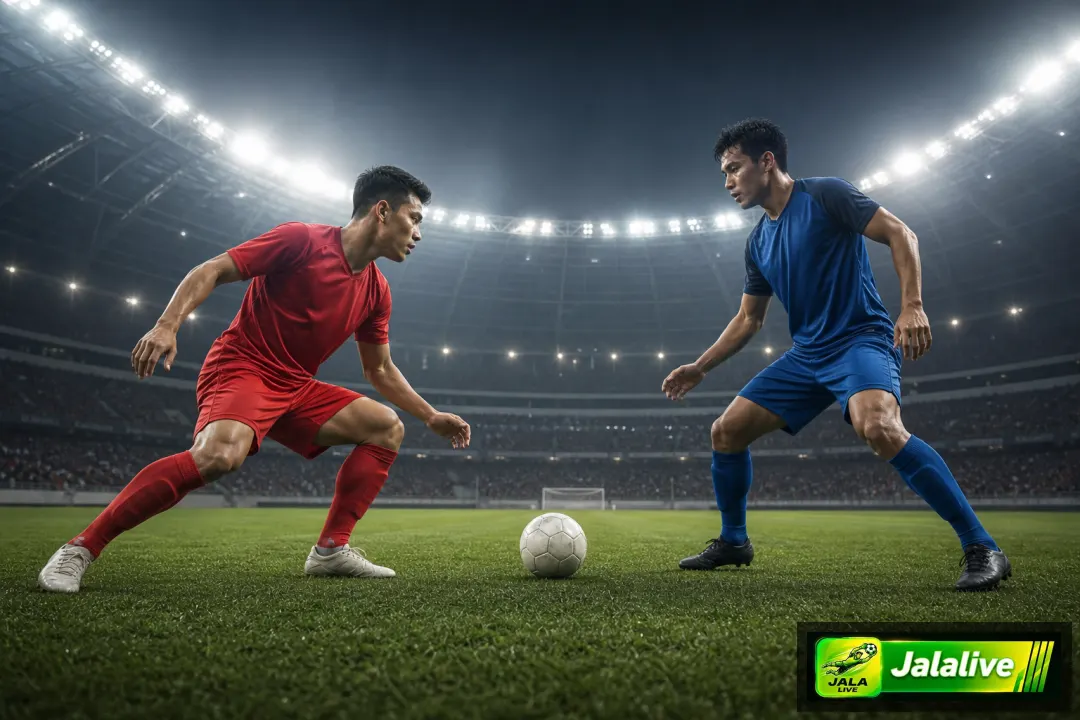 Ilustrasi editorial dua pemain sepak bola profesional di lapangan hijau menjelang laga Liga 1