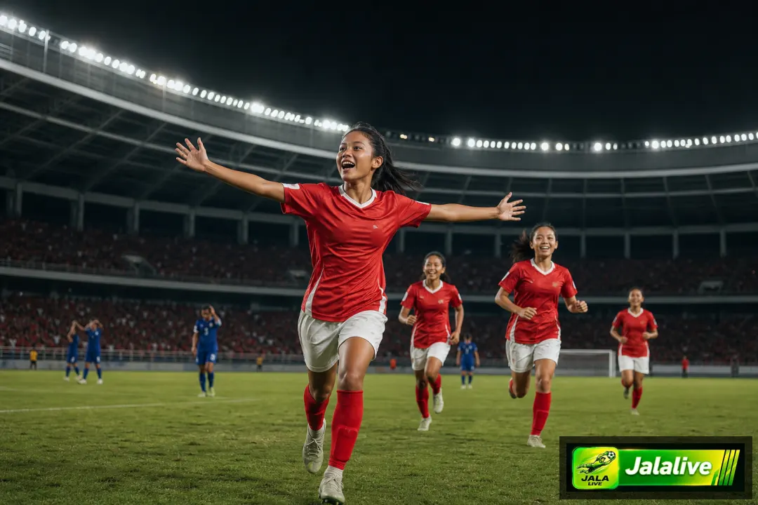 Ilustrasi editorial pemain sepak bola putri Indonesia merayakan gol