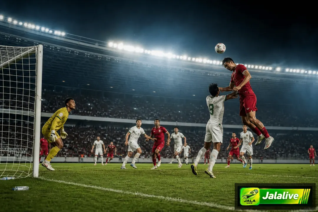 Ilustrasi editorial laga Persebaya vs PSS dengan duel udara di depan gawang