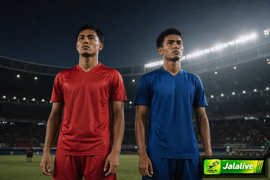 Ilustrasi editorial dua pemain sepak bola bersiap untuk laga Liga 1 malam hari