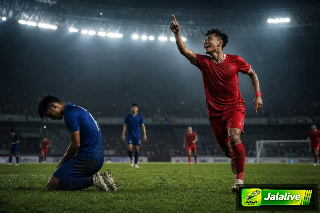Ilustrasi editorial laga sepak bola Indonesia malam hari dengan suasana gol penentu